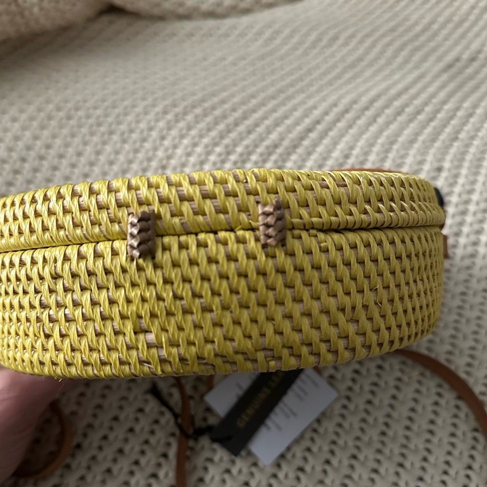 NEW Indonesian Handwoven Rattan & Leather Crossbody Bag 2.5”x8”,  50” Strap Boho - Picture 6 of 7